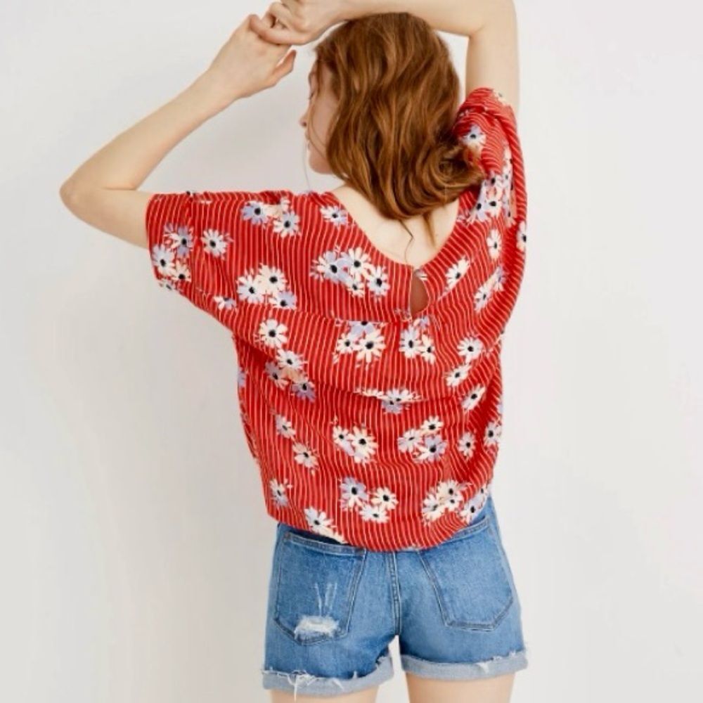 Madewell Rhyme Top in Daisy Society High Low Cap Sleeves Pinstripes Red Size S - Picture 3 of 12